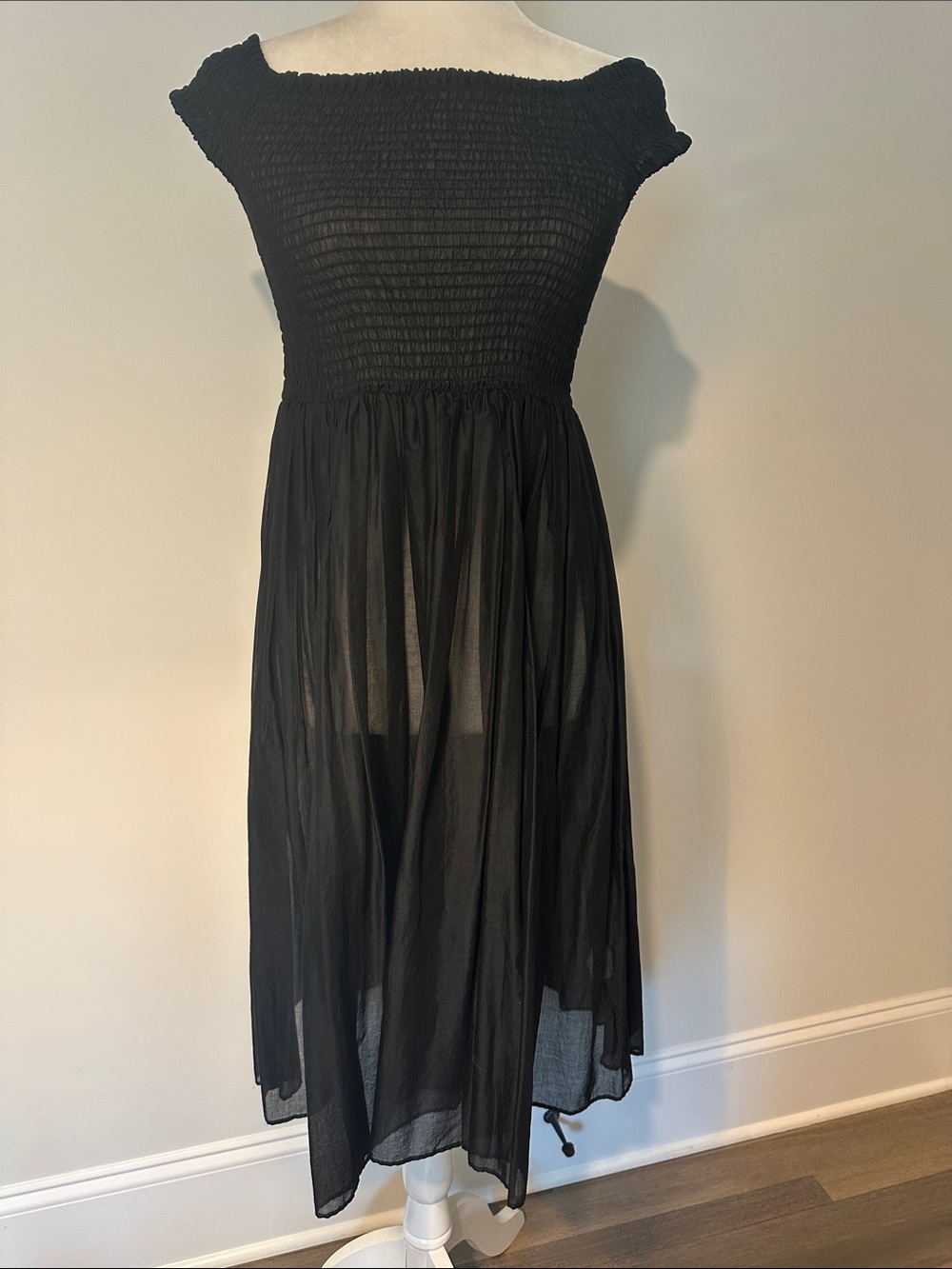 NWT- J.Crew Black Smocked Off-Shoulder Midi Dress